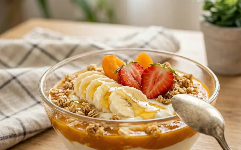 Joghurt homoktövis-lekváros rétegekkel, granolával és gyümölccsel