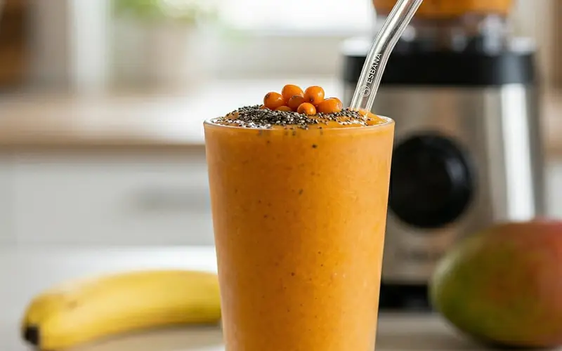 Narancssárga homoktövis smoothie pohárban, mellette banán és mangó