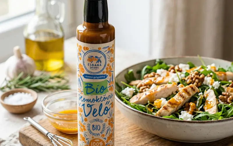 Saláta homoktövis vinaigrette-tel, mellette az ESBANA homoktövisvelő